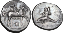 Greek Italy. Southern Apulia, Tarentum. AR Nomos, 280-272 BC. Obv. Horseman right, crowning himself; to left, ZΩ; below, ZAΛO and Ionic capital. Rev. ...