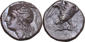 Greek Italy. Southern Apulia, Tarentum. AR Drachm, c. 281-272 BC. Obv. Head of Athena left, wearing crested Attic helmet decorated with Skylla. Rev. T...