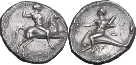 Greek Italy. Southern Apulia, Tarentum. AR Nomos, c. 272-240 BC. Hippoda- and Di-, magistrates. Obv. Warrior on horseback riding right, holding spear;...