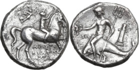 Greek Italy. Southern Apulia, Tarentum. AR Nomos, c. 272-240 BC. Aristokrates and Pi-, magistrates. Obv. Youth on horseback right, crowning horse and ...