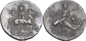 Greek Italy. Southern Apulia, Tarentum. AR Reduced Nomos – Half-Shekel. Punic occupation, c. 212-209 BC. Obv. Horseman right, wearing full armor, hold...