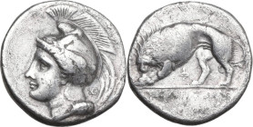Greek Italy. Northern Lucania, Velia. AR Stater, 334-300 BC. Obv. Head of Athena left, wearing Phrygian helmet decorated with centauress; behind neck;...