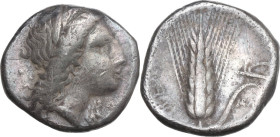 Greek Italy. Southern Lucania, Metapontum. AR Stater, c. 330-290 BC. Obv. Head of Demeter right, wearing wreath of grain, triple-pendant earring, and ...