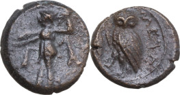 Greek Italy. Southern Lucania, Metapontum. AE 15 mm, c. 300-250 BC. Obv. Athena Alkidemos standing left, holding spear and shield. Rev. META. Owl stan...