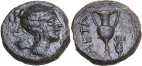 Greek Italy. Southern Lucania, Metapontum. AE 12 mm. c. 300-250 BC. Obv. Head of Artemis right; over shoulder, bow and quiver. Rev. Two-handled vase; ...