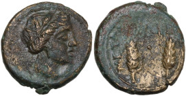 Greek Italy. Southern Lucania, Metapontum. AE 18 mm, late 3rd century BC. Obv. Head of Demeter right, wreathed with grain. Rev. META. Two grain ears. ...