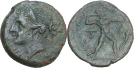Greek Italy. Bruttium, Brettii. AE Half Unit, c. 214-211 BC. Obv. NIKA. Diademed head of Nike left; to right, corn-ear. Rev. BPETTIΩN. Zeus striding r...