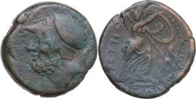 Greek Italy. Bruttium, Brettii. AE Double Unit, c. 211-208 BC. Obv. Helmeted head of Ares left; below, thunderbolt. Rev. BPETTIΩN. Athena advancing ri...