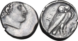 Greek Italy. Bruttium, Kroton. AR Oktobol or Half Nomos(?), circa 300-250 BC. Obv. Bare male head (Herakles or river-god?) right. Rev. Owl standing ri...