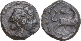 Greek Italy. Central Italy, uncertain mint. Capua or Minturnae(?). AE 17 mm, late 90s-early 80s BC. Obv. Head of Dionysos right, wearing ivy-wreath. R...