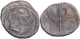 Sicily. Aitna. AR Litra, ca. 465-460 a.C. Obv. Bearded head of Silenos right, wearing ivy-wreath. Rev. ΑΙ-TΝ. Winged thunderbolt. HGC 2 65; BMC 13; Ca...