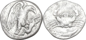 Sicily. Akragas. AR Hemidrachm, 410-406 BC. Obv. Eagle on hare right. Rev. Crab; below, fish. HGC 2 105; SNG ANS 1010; Weber 1198. AR. 1.74 g. 16.5 mm...