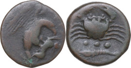 Sicily. Akragas. AE Tetras or Trionkion, c. 425-410 BC. Obv. AKPA. Eagle standing right on hare, head lowered, wings open. Rev. Crab; below, three pel...