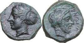 Sicily. Entella. AE 17.5 mm, 420-404 BC. Obv. Female head left, wearing sphendone. Rev. Male head right, bearded, wearing taenia. CNS I 1-2OS; HGC 2 2...