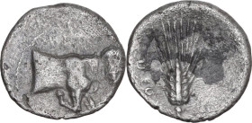 Sicily. Gela. AR Trihemiobol, 340-310 BC. Obv. Forepart of man-headed bull right. Rev. Ear of barley. HGC 2 370; Jenkins 540. AR. 1.02 g. 11.5 mm. RRR...