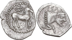 Sicily. Gela. AR Litra, 465-450 BC. Obv. Bridled horse standing right; above, wreath. Rev. Forepart of man-headed bull right. HGC 2 373; SNG ANS 54-61...