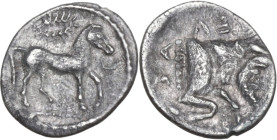 Sicily. Gela. AR Litra, 465-450 BC. Obv. Bridled horse standing right; above, wreath. Rev. Forepart of man-headed bull right. HGC 2 373; SNG ANS 54-61...