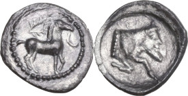 Sicily. Gela. AR Litra, 465-450 BC. Obv. Bridled horse standing right; above, wreath. Rev. Forepart of man-headed bull right. HGC 2 373; SNG ANS 54-61...