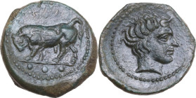 Sicily. Gela. AE Tetras, 420-405 BC. Obv. Bull standing left, head lowered; in exergue, three pellets. Rev. Head of river god right. CNS III 3; HGC 2 ...