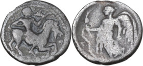 Sicily. Himera. Fourrée Hemidrachm, 450-409 BC. Obv. Pan riding on goat right, holding caduceus and blowing conch shell. Rev. Nike flying left, holdin...