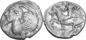 Sicily. Himera. AR Litra, c. 425-409 BC. Obv. Forepart of horned, human-headed creature, with lion’s legs and curled wing, left. Rev. I-ME-P-AION. Pan...
