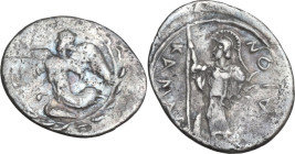 Sicily. Kamarina. AR Litra, c. 461-435 BC. Obv. Nike flying left; below, swan; all within wreath. Rev. KAMARI-NAION. Helmeted Athena standing left, ho...
