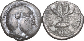 Sicily. Katane. AR Litra, c. 461-450/445 BC. Obv. Head of Silenos right. Rev. ΚΑΤ/ΑΝΕ. Winged thunderbolt. HGC 2 587; Boehringer Li 1; Mirone 23. AR. ...