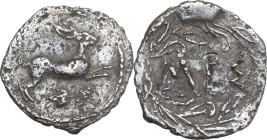Sicily. Messana. AR Litra, 461-396 BC. Obv. Hare leaping right; below, ivy leaf. Rev. MEΣ within olive-wreath. SNG Cop. 411; HGC 2 814; Caltabiano Ser...