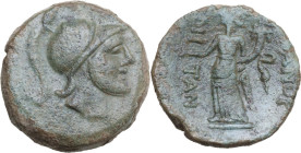 Sicily. Panormos. AE 23 mm, after 241 BC. Obv. Helmeted head of Ares right. Rev. ΠANOP-MITAN. Female figure standing left and holding patera and cornu...
