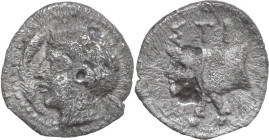 Sicily. Stiela. AR Hemilitron, 415-400 BC. Obv. Laureate head of river god left; before, branch. Rev. ΣTI. Forepart of man-headed bull left. HGC 2 127...