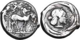 Sicily. Syracuse. Hieron I (478-466 BC). AR Tetradrachm, c. 475-470 BC. Obv. Charioteer driving slow quadriga right, holding kentron and reins; above,...