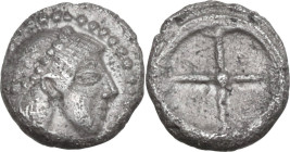 Sicily. Syracuse. Hieron I (478-466 BC). AR Obol, c. 475-470 BC. Obv. Diademed head of Arethusa right. Rev. Wheel with four spokes. HGC 2 1371; SNG Co...