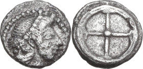 Sicily. Syracuse. Hieron I (478-466 BC). AR Obol, c. 475-470 BC. Obv. Diademed head of Arethusa right. Rev. Wheel with four spokes. HGC 2 1371; SNG Co...