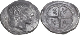 Sicily. Syracuse. Hieron I (478-466 BC). AR Obol, c. 470-466 BC. Obv. Head of Arethousa right, wearing olive wreath. Rev. Wheel of four spokes; ethnic...