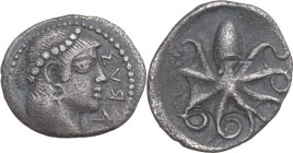 Sicily. Syracuse. Second Democracy (466-405 BC). AR Litra, c. 460-450 BC. Obv. ΣVRA (R retrograde). Diademed head of Arethusa right. Rev. Octopus. HGC...