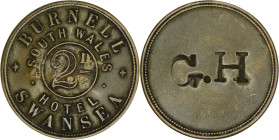19th-century 2 Pence trade token from Burnell’s South Wales Hotel in Swansea