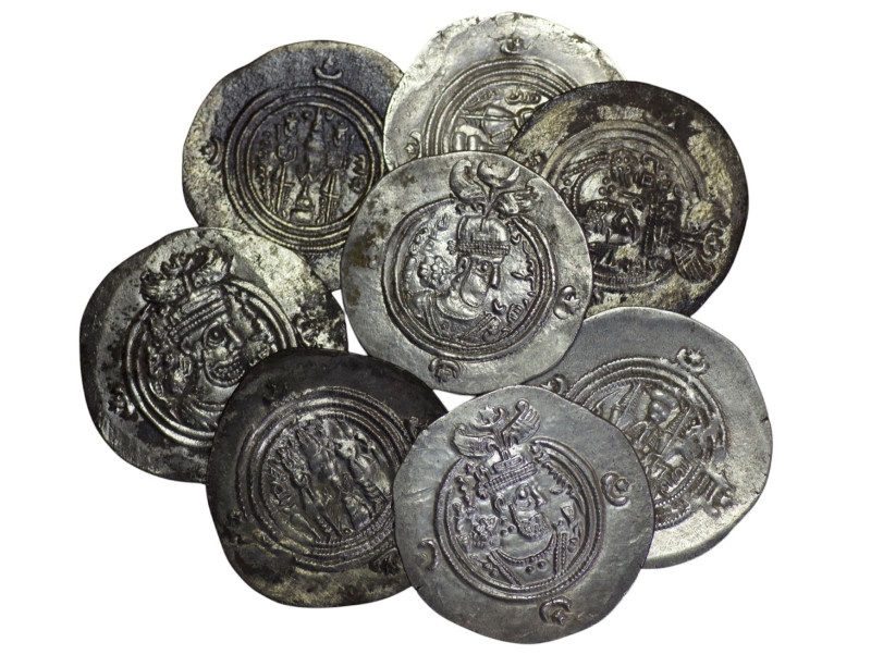 Sasanian Empire. Lot of 8 AR Drachm. Khusrau II. Various mints and dates. Very f...