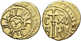 I Normanni. Guglielmo I re di Sicilia, 1154-1166. 

Tarì Palermo, AV 1,23 g. In centro ” triangolino e tre globetti ” entro cerchio perlinato; intor...