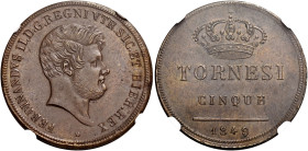 Napoli. Ferdinando II di Borbone, 1830-1859 

Da 5 tornesi 1849, Cu 15,46 g. Pagani 371. Pannuti-Riccio 222. MIR 524/3.
Migliore di Spl

Ex asta ...