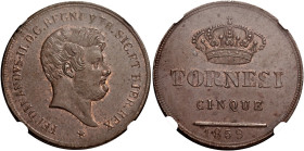 Napoli. Ferdinando II di Borbone, 1830-1859 

Da 5 tornesi 1859, Cu 15,46 g. Pagani 377. Pannuti-Riccio 228. MIR 524/10.
Tracce di rame rosso, q.Fd...
