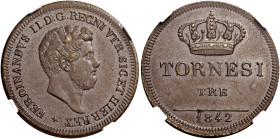 Napoli. Ferdinando II di Borbone, 1830-1859 

Da 3 tornesi 1842, Cu 9,74 g. Pagani 386a. Pannuti-Riccio 235. MIR 526/1.
Migliore di Spl

In slab ...