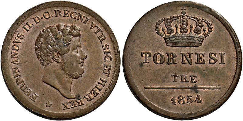 Napoli. Ferdinando II di Borbone, 1830-1859 

Da 3 tornesi 1854, Cu 9,74 g. Pa...
