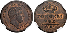 Napoli. Ferdinando II di Borbone, 1830-1859 

Da 2 tornesi 1856, Cu 6,07 g. Pagani 410a. Pannuti-Riccio 258. MIR 528/12.
Rame rosso, q.Fdc

Ex as...