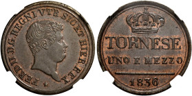 Napoli. Ferdinando II di Borbone, 1830-1859 

Da 1 tornese e mezzo 1836, Cu 4,30 g. Pagani 418. Pannuti-Riccio 264. MIR 529/3.
Rara. q.Fdc

Ex as...