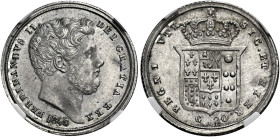 Napoli. Ferdinando II di Borbone, 1830-1859 

Tarì 1848, AR 4,64 g. Pagani 271. Pannuti-Riccio 131. MIR 509/9.
Rara. Migliore di Spl

In slab NGC...