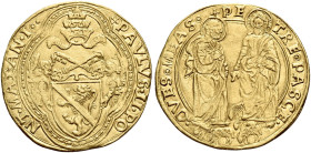 § Roma. Paolo II (Pietro Barbo), 1464-1471

Doppio ducato papale, AV 6,98 g. PAVLVS II PO – PONT MAX AN I Stemma sormontato da triregno e chiavi dec...