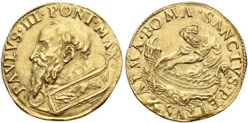 § Roma. Paolo III (Alessandro Farnese), 1534-1549

Doppio fiorino di camera, AV 6,72 g. PAVLVS III PONT MAX Busto a s., con piviale ornato da figura...