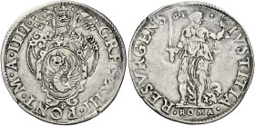 Roma. Gregorio XIII (Ugo Boncompagni), 1572-1585 

Giulio anno IV, AR 2,98 g. GREG XIII PONT M A IIII Stemma sormontato da chiavi decussate, triregn...