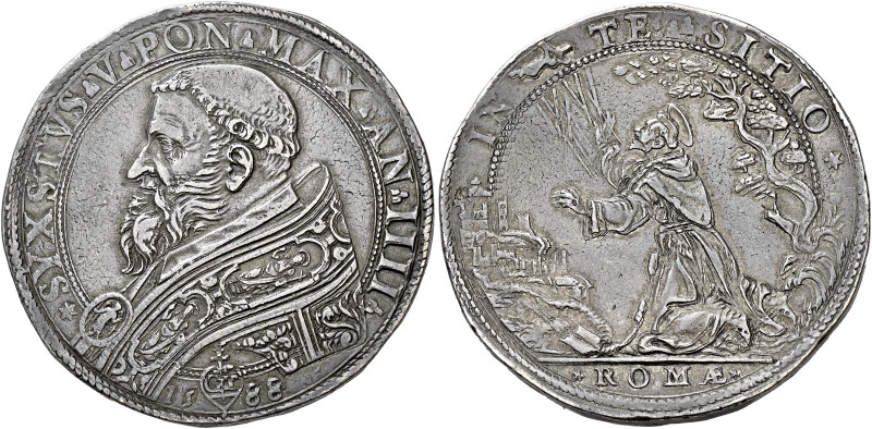 Roma. Sisto V (Felice Peretti), 1585-1590 

Piastra anno IV/1588, AR 31,55 g. ...