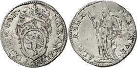 Roma. Sisto V (Felice Peretti), 1585-1590 

Testone anno IV, AR 9,38 g. SIXTVS V PON – MAX AN IIII Stemma sormontato da triregno e chiavi decussate;...